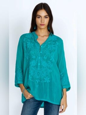 EUC WOMENS LARGE (bust 46”) JOHNNY WAS JETA SHIRT TOP EMBROIDERED TURQUOISE